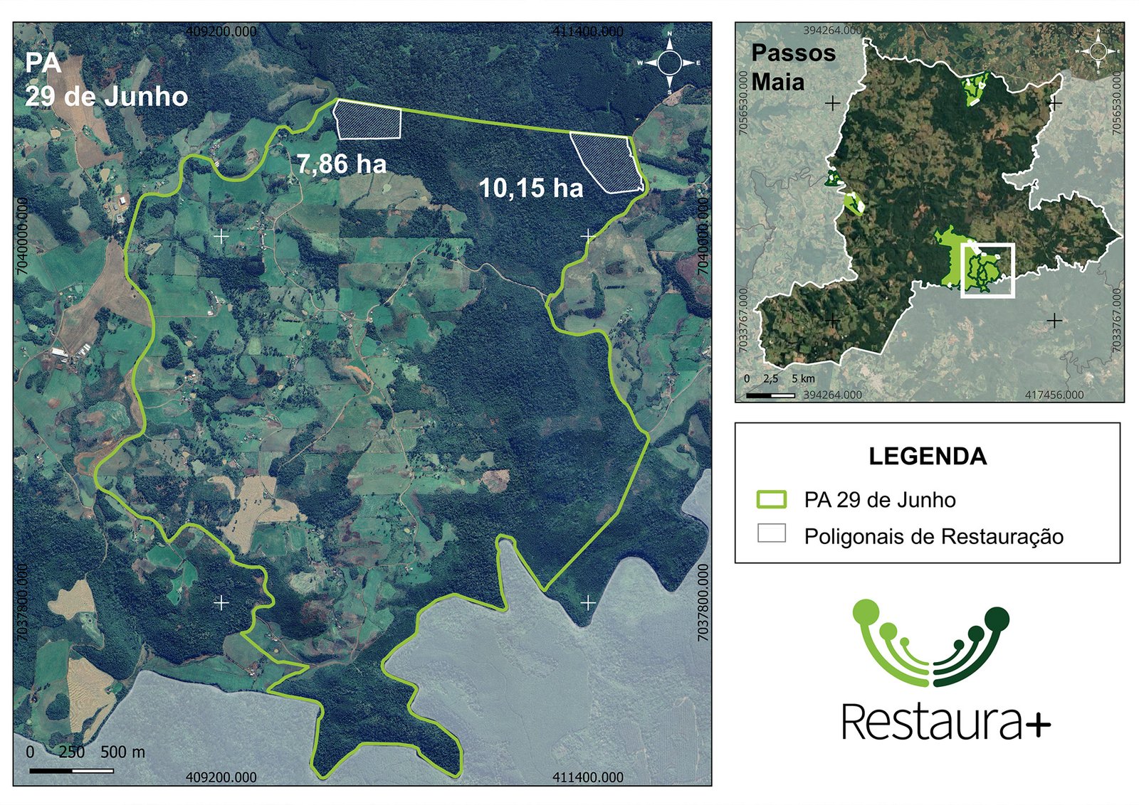 Mapa de localização do PA 29 de Junho com destaque para as unidades de implantação da restauração florestal, Passos Maia.