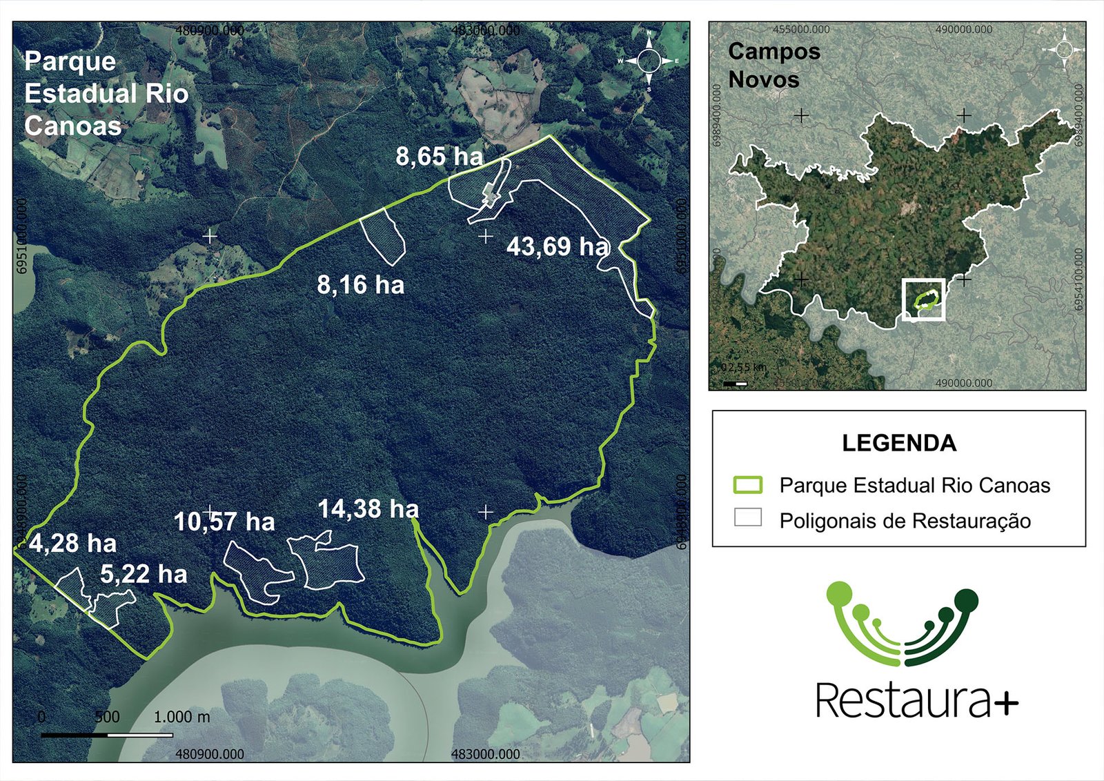 Mapa de localização do Parque Estadual Rio Canoas com destaque para as unidades de implantação da restauração florestal, Campos Novos.