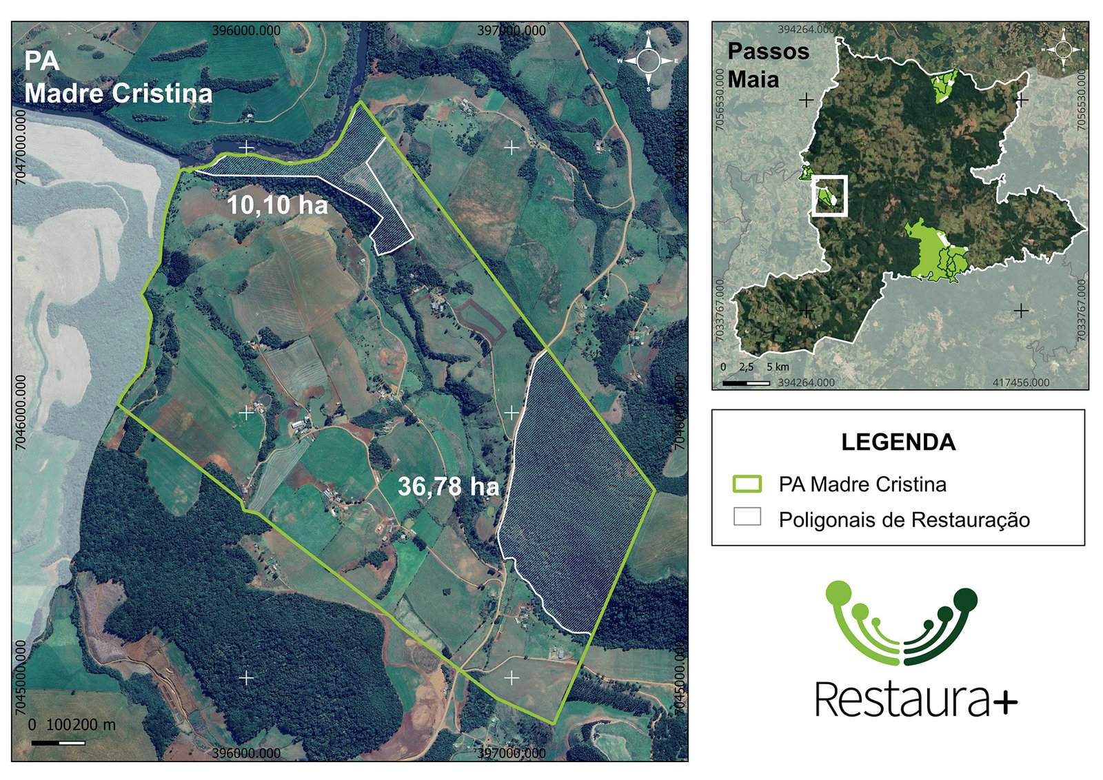 Mapa de localização do PA Madre Cristina com destaque para as unidades de implantação da restauração florestal, Passos Maia.