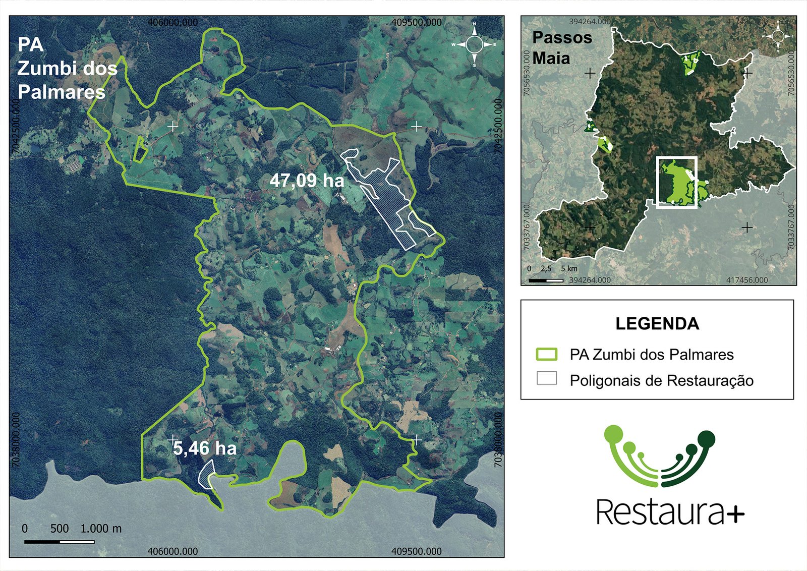 Mapa de localização do PA Zumbi dos Palmares com destaque para as unidades de implantação da restauração florestal, Passos Maia.
