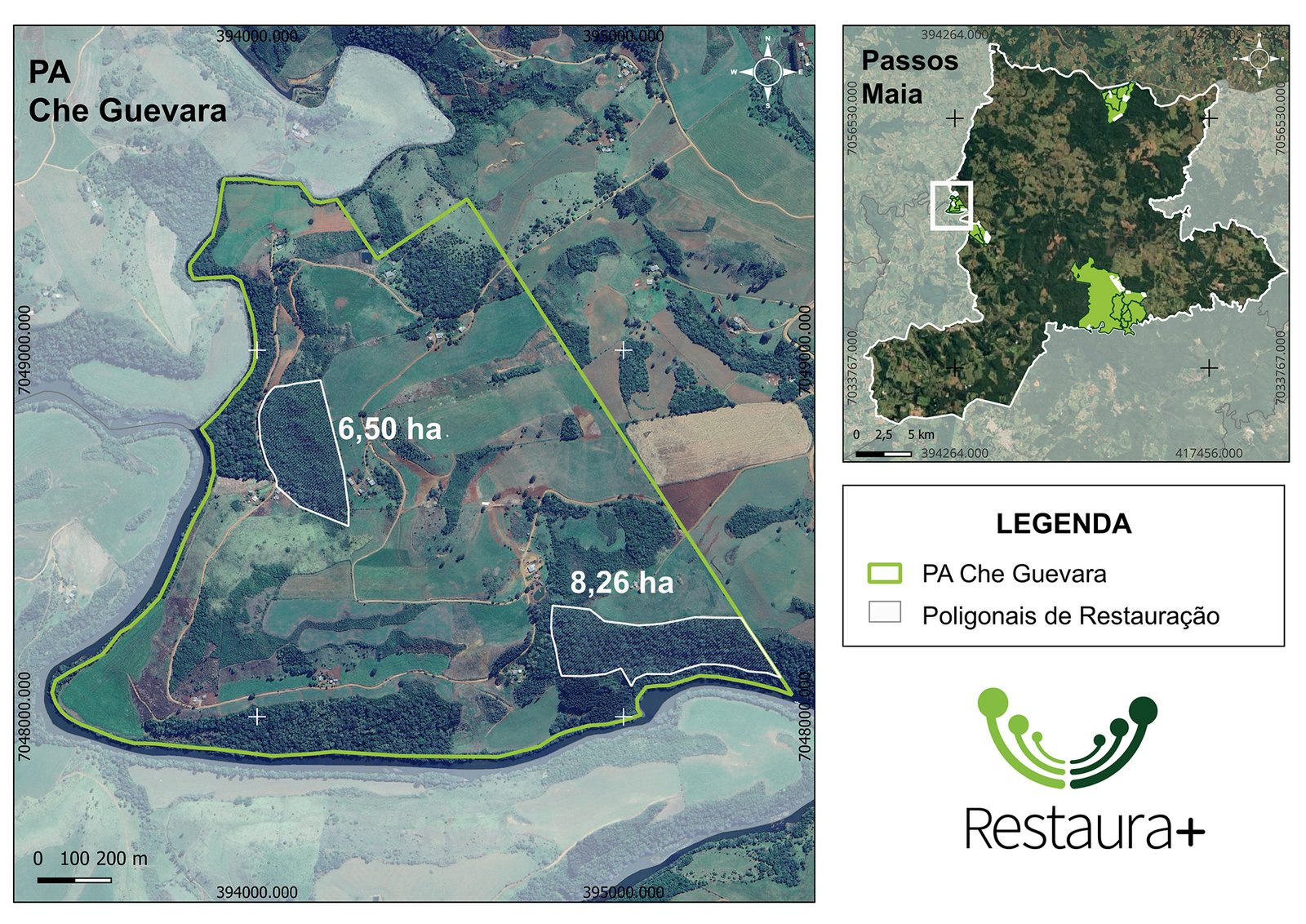 Mapa de localização do PA Che Guevara com destaque para as unidades de implantação da restauração florestal, Passos Maia.