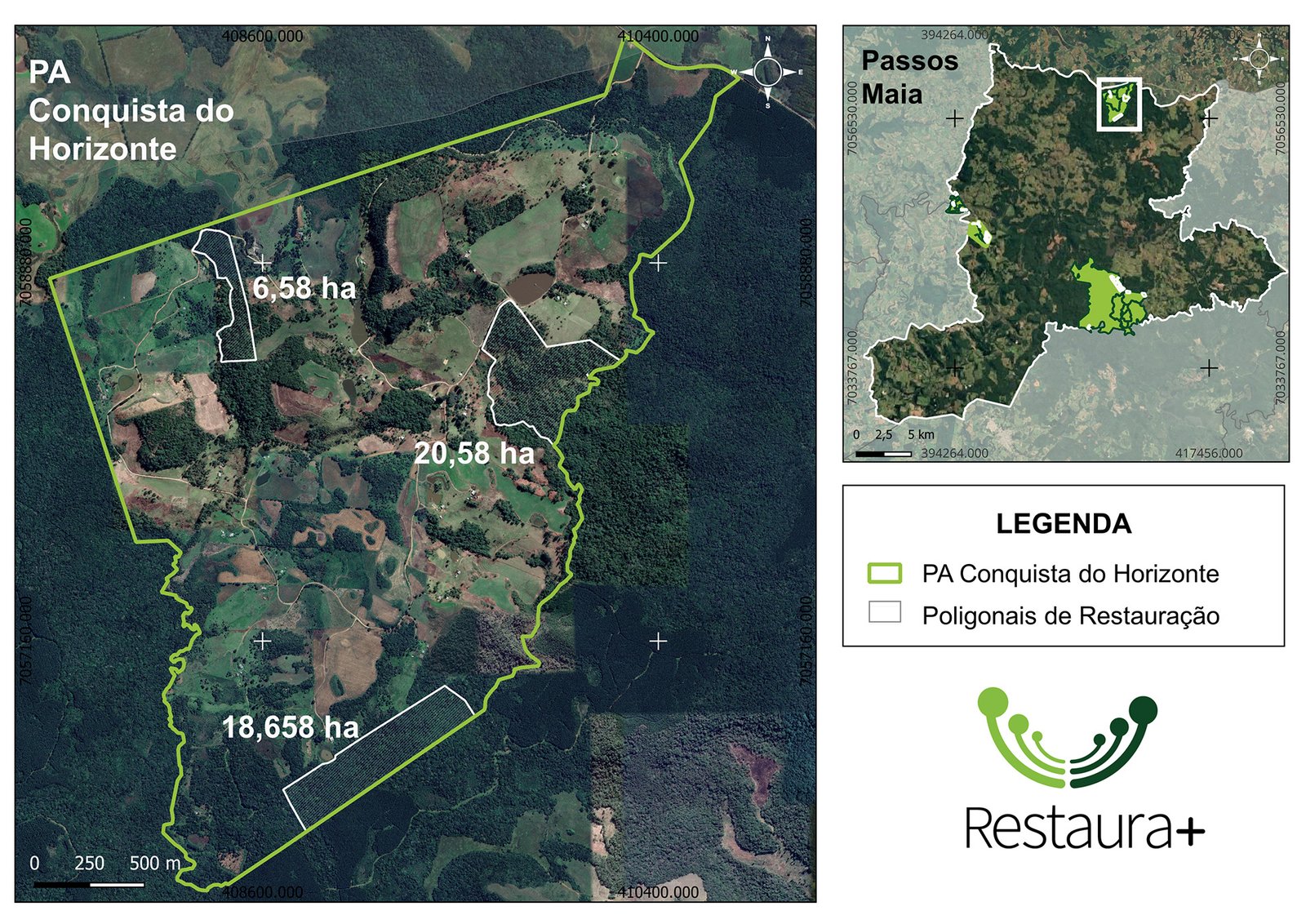 Mapa de localização do PA Conquista do Horizonte com destaque para as unidades de implantação da restauração florestal, Passos Maia.