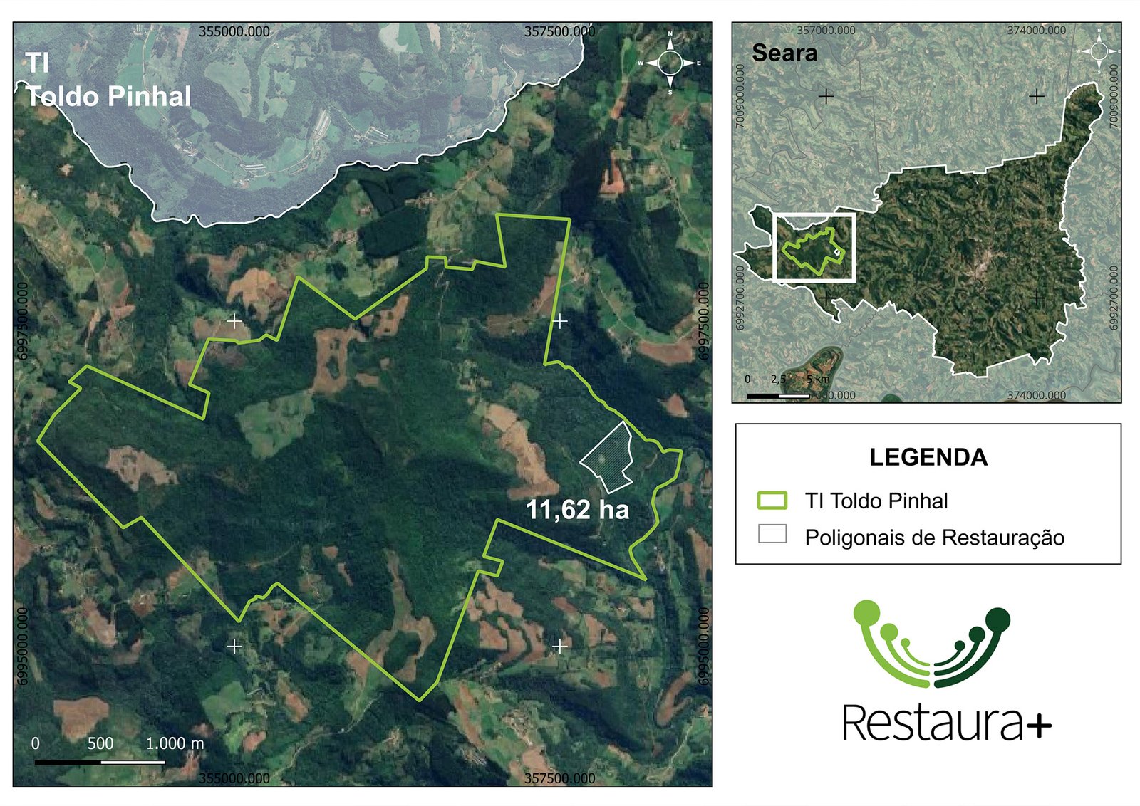 Mapa de localização da Terra Indígena Toldo Pinhal com destaque para as unidades de implantação da restauração florestal, Seara.